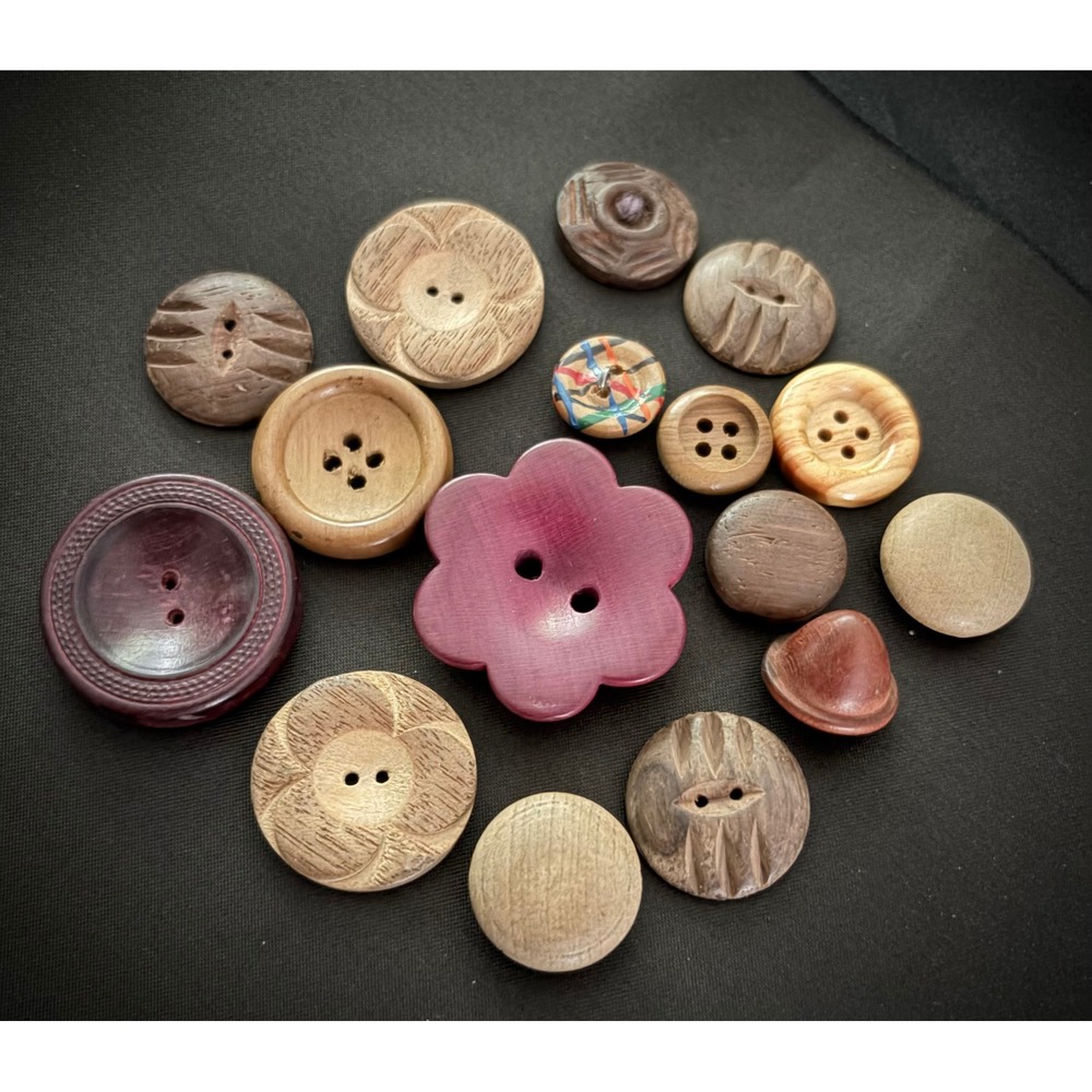 Vintage Hand Carved Wood Buttons Lot Flower Geometric Carving Wooden Crafts 15pc